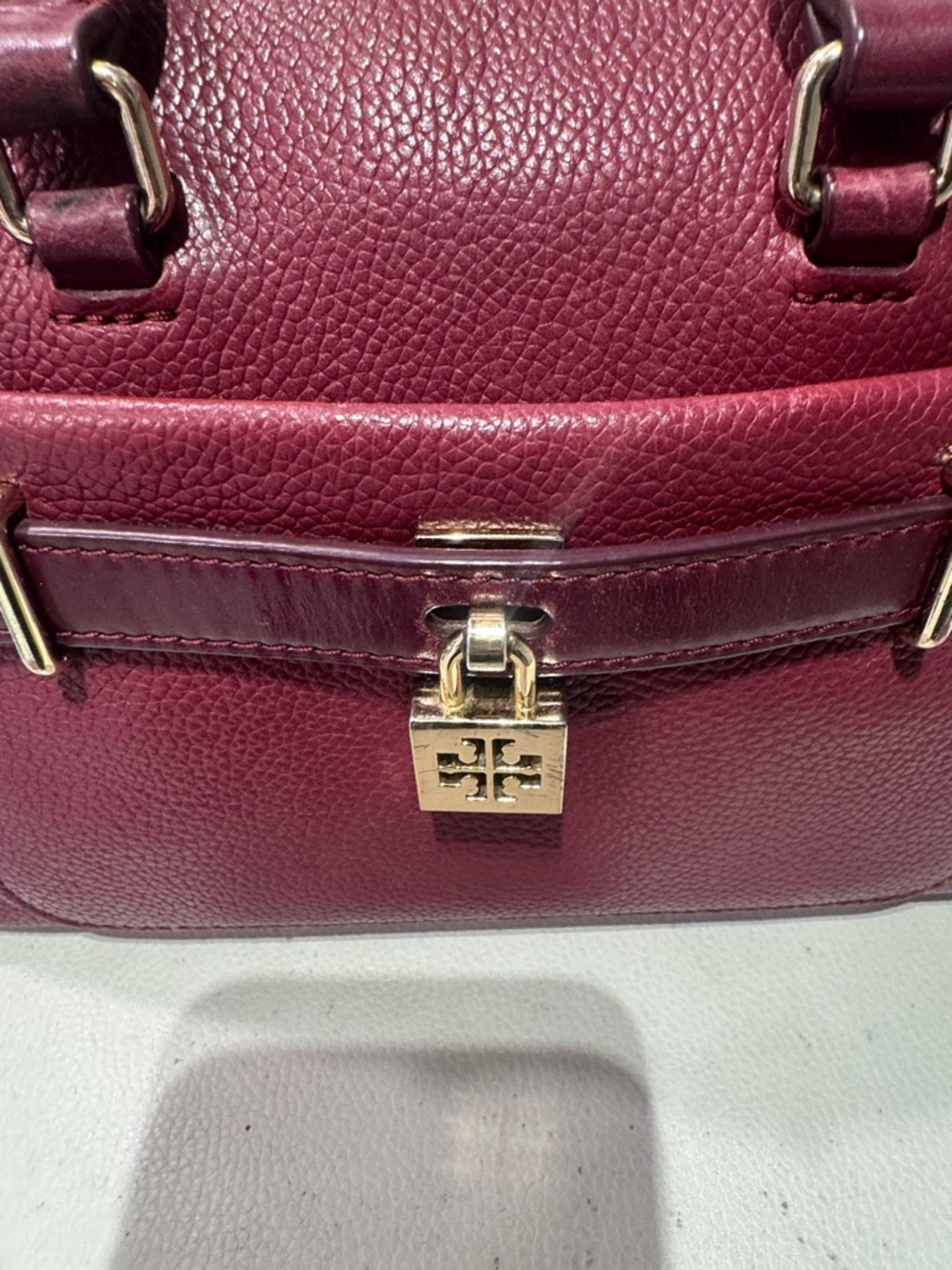 Tory Burch Pebbled Wine Leather Satchel with Gold Lock